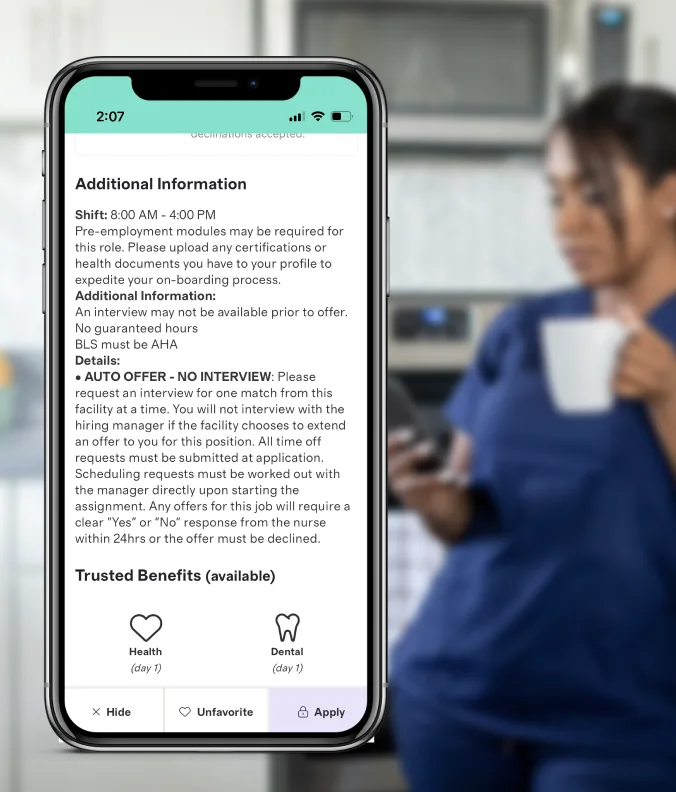 Mobile view of Trusted platform showing a job match featuring auto-offer feature.