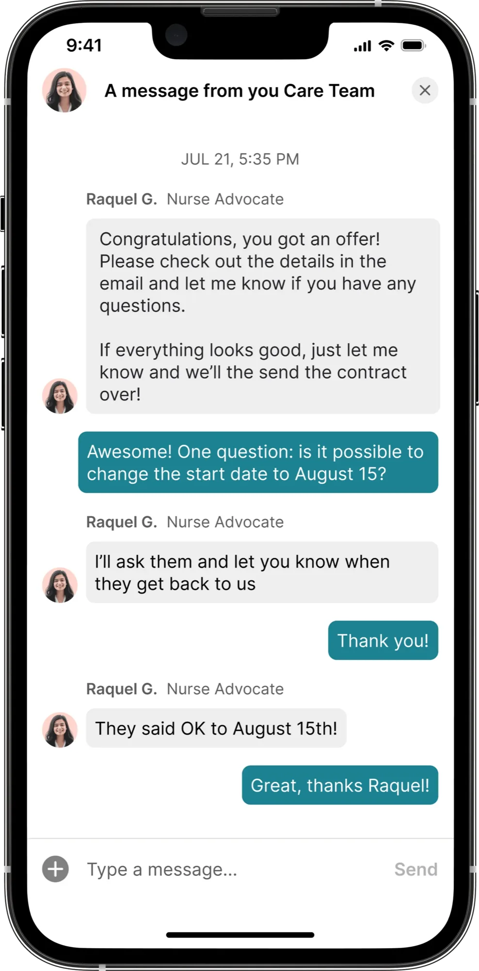 Mobile app showing user chat with Nurse Advocate on the Care Team.