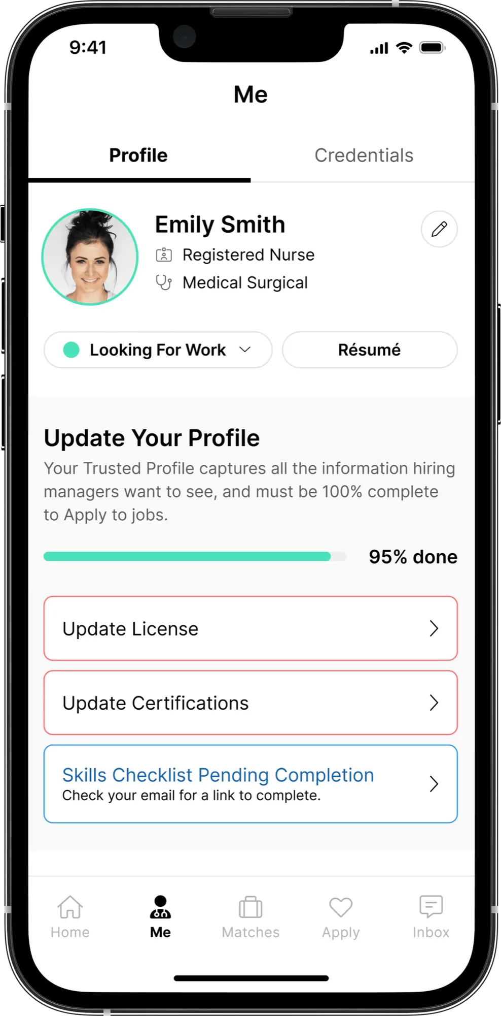 Trusted mobile app showing candidate profile.
