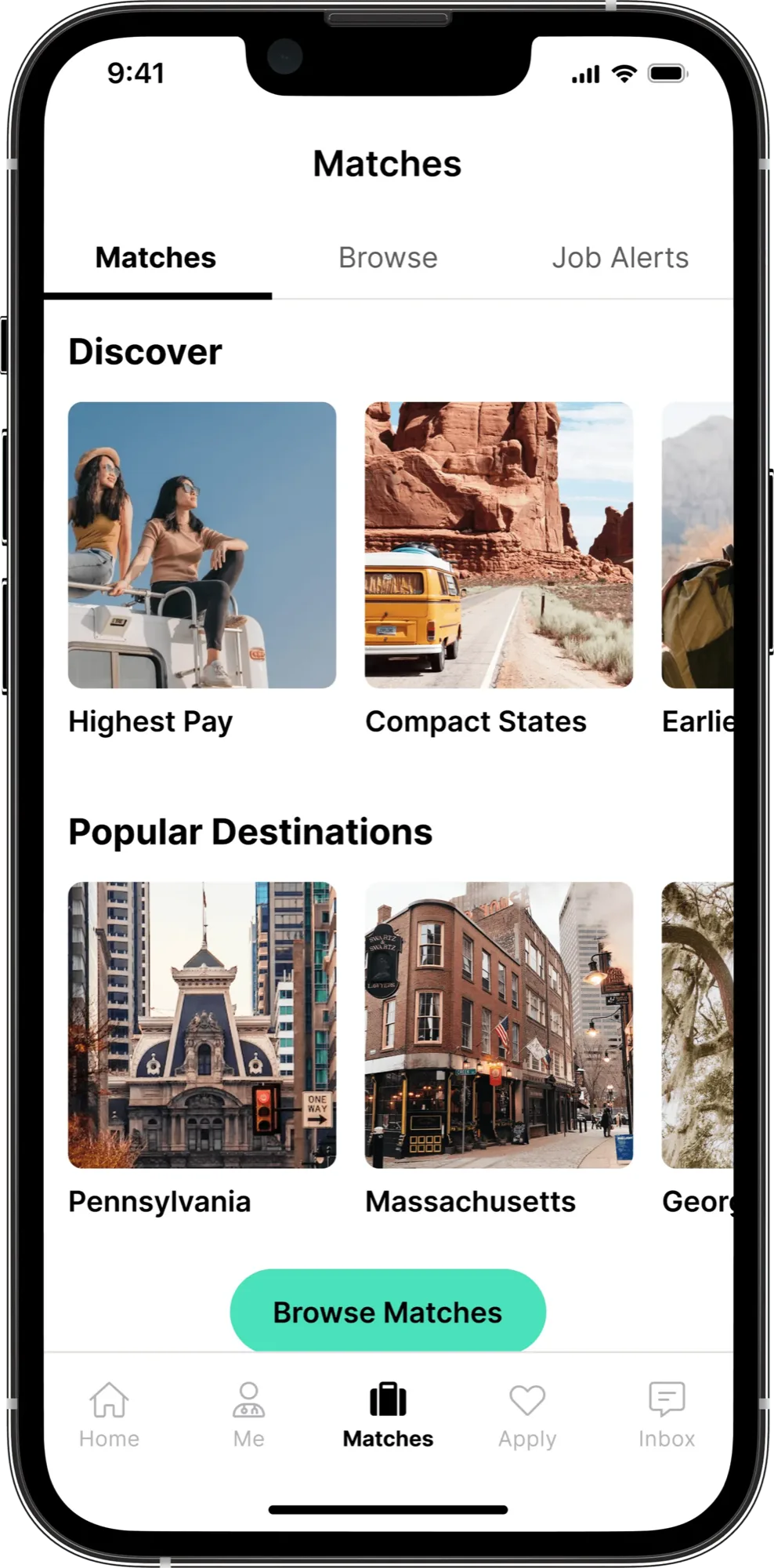 View of Trusted's mobile app screen showing jobs categorized into buckets like highest pay and jobs in compact states.
