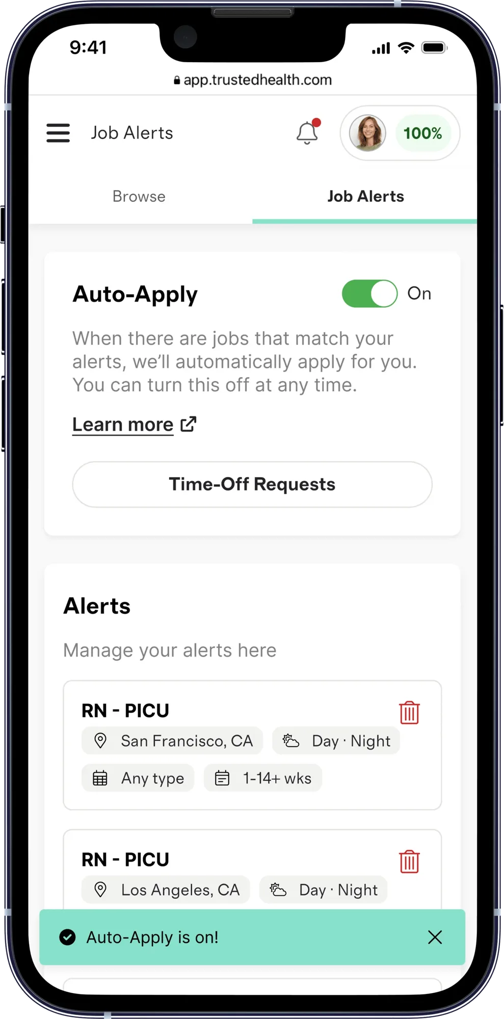 Trusted mobile app showing job alerts and auto-apply setting.